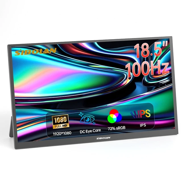 Main image of Portable Monitor 18.5inch 1080P FHD 100Hz Refresh Rate Gaming Monitor, 72% sRGB, IPS Panel, Dual USB-C & Mini-HDMI for Laptop, PC, Phone, Built-in Kickstand, Speakers
