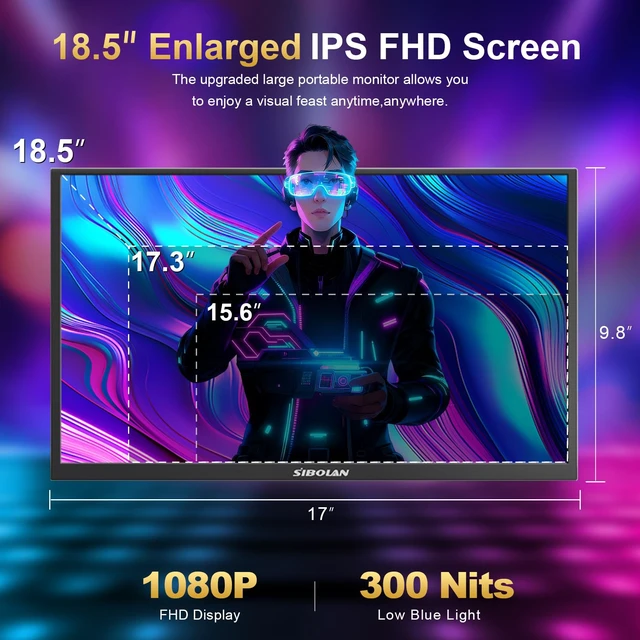 Alt view image 3 of 7 - Portable Monitor 18.5inch 1080P FHD 100Hz Refresh Rate Gaming Monitor, 72% sRGB, IPS Panel, Dual USB-C & Mini-HDMI for Laptop, PC, Phone, Built-in Kickstand, Speakers
