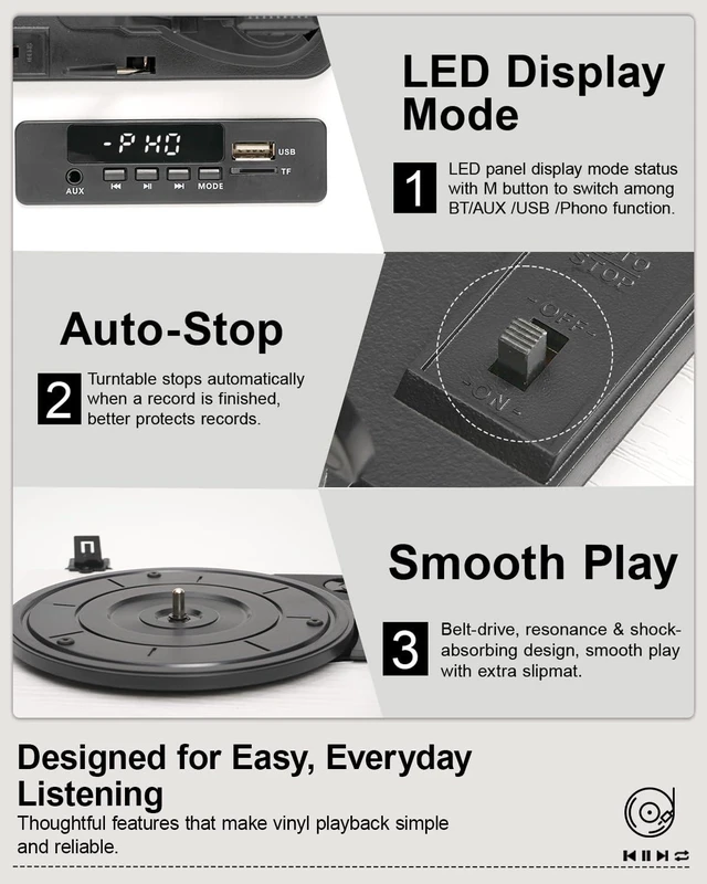 Alt view image 7 of 7 - Vinyl Record Player Bluetooth Turntable, 3-Speed Retro Vinyl Player with AUX Built-in Speakers, Auto Stop, USB/TF Card Recording & Playback, Belt-Drive LP Player White