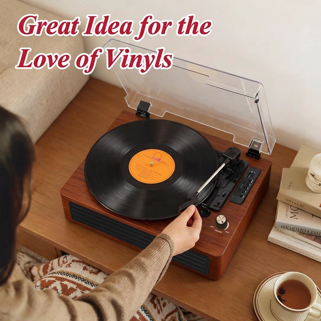 Alt view image 7 of 7 - Vinyl Record Player Bluetooth Turntable, 3-Speed Retro Vinyl Player with Built-in Speakers,AUX in, Auto Stop,USB Recording, Belt-Drive LP Player Brown