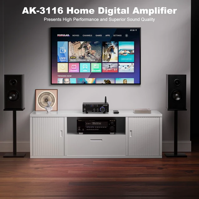 Alt view image 2 of 7 - AK-3116 HiFi Stereo Amplifier, Bluetooth 5.3 200W Dual TPA3116 2 Channel Class D Digital Receiver w/RCA, USB, Optical, FM, Mini Amp Audio System for Home, Outdoor, w/ 24V Power Supply