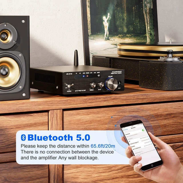 Alt view image 3 of 7 - AK-3116 HiFi Stereo Amplifier, Bluetooth 5.3 200W Dual TPA3116 2 Channel Class D Digital Receiver w/RCA, USB, Optical, FM, Mini Amp Audio System for Home, Outdoor, w/ 24V Power Supply