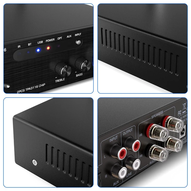 Alt view image 5 of 7 - AK-3116 HiFi Stereo Amplifier, Bluetooth 5.3 200W Dual TPA3116 2 Channel Class D Digital Receiver w/RCA, USB, Optical, FM, Mini Amp Audio System for Home, Outdoor, w/ 24V Power Supply