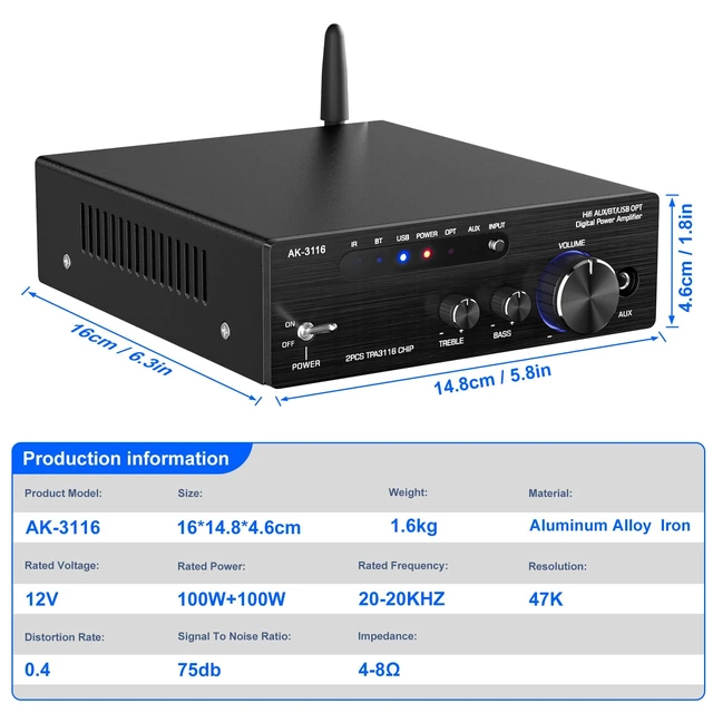 Alt view image 7 of 7 - AK-3116 HiFi Stereo Amplifier, Bluetooth 5.3 200W Dual TPA3116 2 Channel Class D Digital Receiver w/RCA, USB, Optical, FM, Mini Amp Audio System for Home, Outdoor, w/ 24V Power Supply