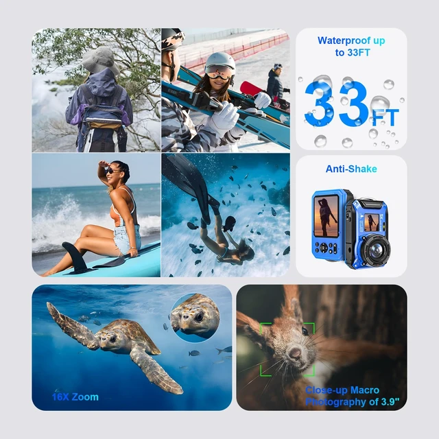 Alt view image 6 of 6 - 5K Underwater Camera 64MP 33FT Waterproof, 32GB Card Dual-Screen Dustproof Suitable for Snorkeling, Vacation, UHD Autofocus Point-and-Shoot, Compact, Floatable, 1500mAh Battery, Type-C, Blue