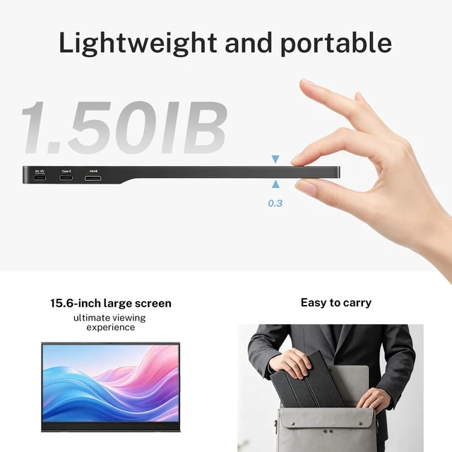 Alt view image 4 of 7 - 15.6 Inch Portable Monitor 1080P FHD IPS HDR Laptop Screen, 1.5lb Ultra Thin Travel Display, Dual USB-C & Mini HDMI, Magnetic PU Foldable Stand Case, Plug and Play for MacBook iPhone with two Speaker