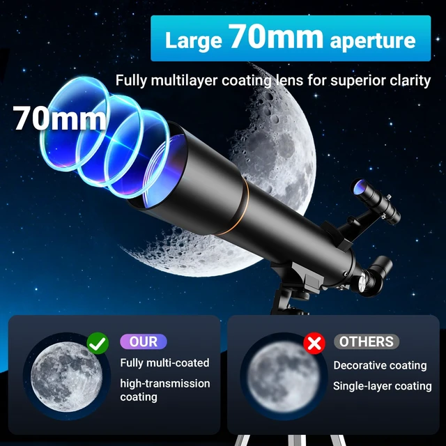 Alt view image 2 of 7 - Telescope for Beginners, 70mm Aperture (20X-150X) 500mm Focal Length Refractor Astronomy Telescopes for Planets and Stars, Telescopio with Carry Bag, Phone Holder, Adjustable Tripod, Black