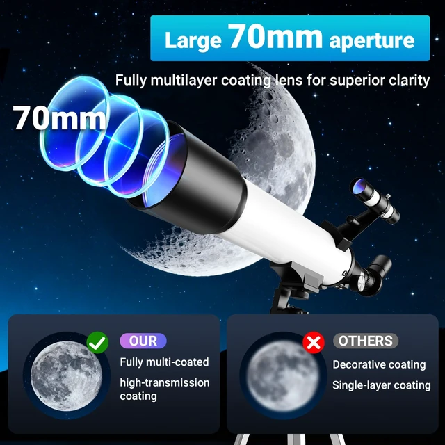 Alt view image 2 of 7 - Telescope for Beginners, 70mm Aperture (20X-150X) 500mm Focal Length Refractor Astronomy Telescopes for Planets and Stars, Telescopio with Carry Bag, Phone Holder, Adjustable Tripod, White