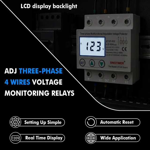 Alt view image 2 of 7 - Adjustable 3 Phases 4 Wires Voltage Protector, 220VAC 60Hz 80A Load, Low Consumption LCD Self-Recovery Over and Under Voltage Surge Protection Relay (White Backlights)