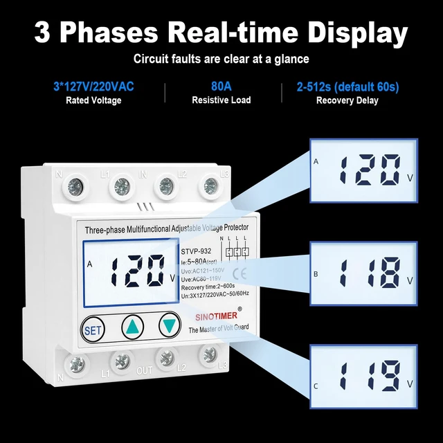 Alt view image 3 of 7 - Adjustable 3 Phases 4 Wires Voltage Protector, 220VAC 60Hz 80A Load, Low Consumption LCD Self-Recovery Over and Under Voltage Surge Protection Relay (White Backlights)