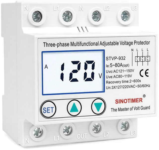 Main image of Adjustable 3 Phases 4 Wires Voltage Protector, 220VAC 60Hz 80A Load, Low Consumption LCD Self-Recovery Over and Under Voltage Surge Protection Relay (White Backlights)