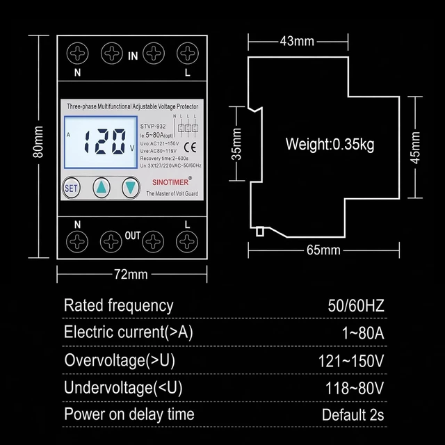 Alt view image 5 of 7 - Adjustable 3 Phases 4 Wires Voltage Protector, 220VAC 60Hz 80A Load, Low Consumption LCD Self-Recovery Over and Under Voltage Surge Protection Relay (White Backlights)