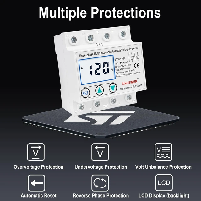 Alt view image 6 of 7 - Adjustable 3 Phases 4 Wires Voltage Protector, 220VAC 60Hz 80A Load, Low Consumption LCD Self-Recovery Over and Under Voltage Surge Protection Relay (White Backlights)
