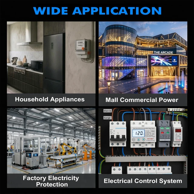 Alt view image 7 of 7 - Adjustable 3 Phases 4 Wires Voltage Protector, 220VAC 60Hz 80A Load, Low Consumption LCD Self-Recovery Over and Under Voltage Surge Protection Relay (White Backlights)