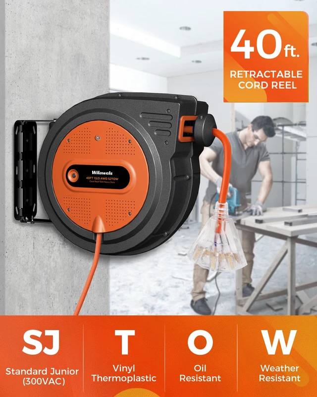 Alt view image 2 of 7 - 12 Gauge Retractable Extension Cord, 40FT Extension Cord Reel, 12AWG/3C SJTOW Heavy Duty Power Cord, Lighted Triple Tap, 15Amp Circuit Breaker, Wall/Ceiling Mount, ETL Listed, Orange G40ACR06