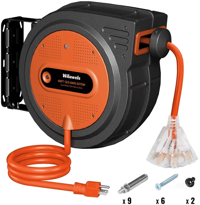 Main image of 12 Gauge Retractable Extension Cord, 40FT Extension Cord Reel, 12AWG/3C SJTOW Heavy Duty Power Cord, Lighted Triple Tap, 15Amp Circuit Breaker, Wall/Ceiling Mount, ETL Listed, Orange G40ACR06