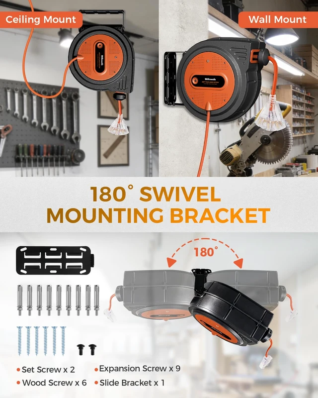 Alt view image 3 of 7 - 12 Gauge Retractable Extension Cord, 40FT Extension Cord Reel, 12AWG/3C SJTOW Heavy Duty Power Cord, Lighted Triple Tap, 15Amp Circuit Breaker, Wall/Ceiling Mount, ETL Listed, Orange G40ACR06