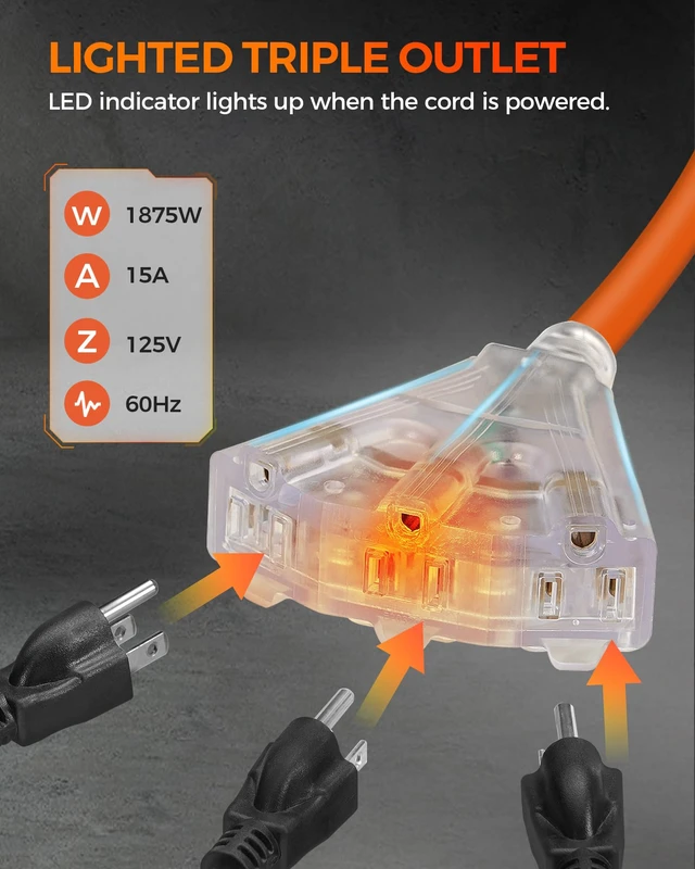 Alt view image 5 of 7 - 12 Gauge Retractable Extension Cord, 40FT Extension Cord Reel, 12AWG/3C SJTOW Heavy Duty Power Cord, Lighted Triple Tap, 15Amp Circuit Breaker, Wall/Ceiling Mount, ETL Listed, Orange G40ACR06