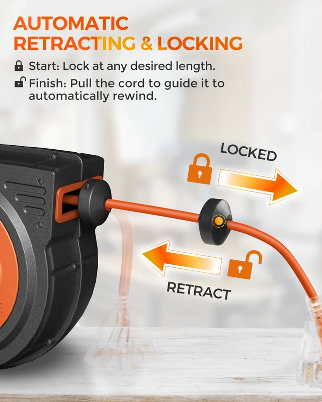 Alt view image 6 of 7 - 12 Gauge Retractable Extension Cord, 40FT Extension Cord Reel, 12AWG/3C SJTOW Heavy Duty Power Cord, Lighted Triple Tap, 15Amp Circuit Breaker, Wall/Ceiling Mount, ETL Listed, Orange G40ACR06