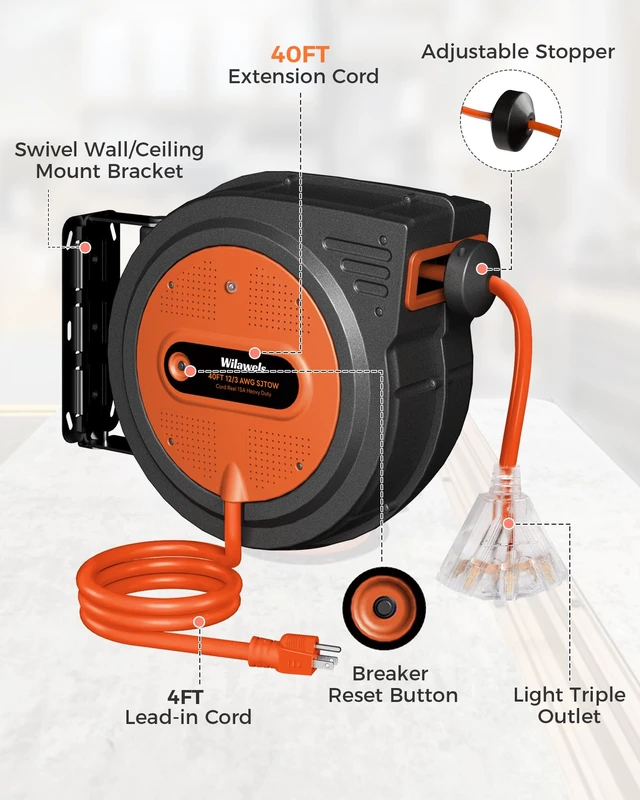 Alt view image 7 of 7 - 12 Gauge Retractable Extension Cord, 40FT Extension Cord Reel, 12AWG/3C SJTOW Heavy Duty Power Cord, Lighted Triple Tap, 15Amp Circuit Breaker, Wall/Ceiling Mount, ETL Listed, Orange G40ACR06