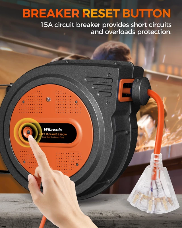Alt view image 4 of 7 - 12 Gauge Retractable Extension Cord, 40FT Extension Cord Reel, 12AWG/3C SJTOW Heavy Duty Power Cord, Lighted Triple Tap, 15Amp Circuit Breaker, Wall/Ceiling Mount, ETL Listed, Orange G40ACR06