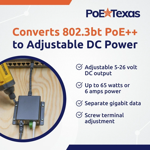 Alt view image 2 of 7 - Adjustable 802.3bt ++ Splitter, 5-26V DC, 65W Gigabit Data - Universal Voltage Splitter for High Power Devices - Plug and Play Design with Screw Adjustment