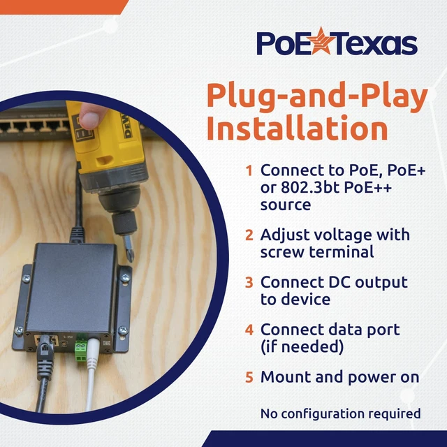 Alt view image 7 of 7 - Adjustable 802.3bt ++ Splitter, 5-26V DC, 65W Gigabit Data - Universal Voltage Splitter for High Power Devices - Plug and Play Design with Screw Adjustment