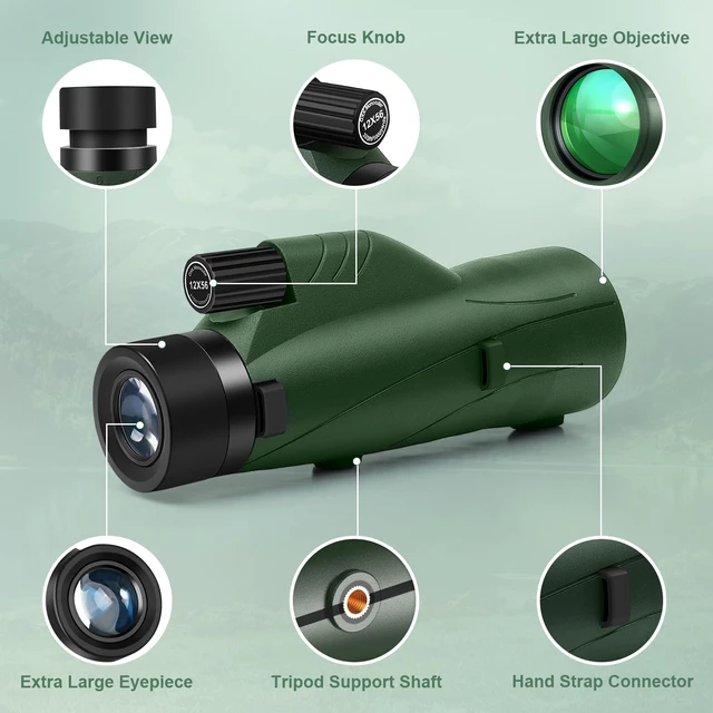 Alt view image 2 of 7 - 12x56 High Power Monocular Telescope with Tripod Bag, Handheld Monoculars for Adults with BAK4 Prism & FMC Lens, Suitable for Bird Watching Camping, New-Upgraded BAK4 - Forest Green