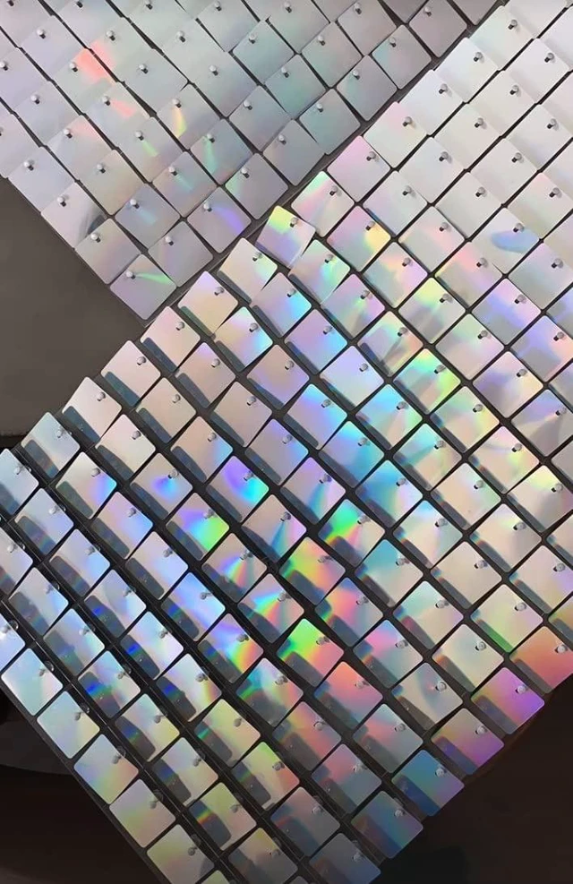 Alt view image 7 of 7 - 24 Sequin Panels for Shimmer Wall - New Interlocking Design Shimmer Wall, Party Backdrop, Events, and Advertising Signs (Iridescent)
