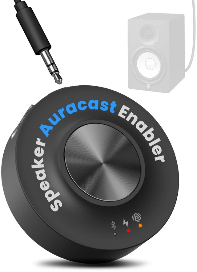 Main image of AuraLink - Auracast & Bluetooth Receiver for Powered Speakers & Audio System, Multi-Receiver Support, 328ft Range, 20H Portable or Plug-in Use, Connects via 3.5mm AUX & RCA