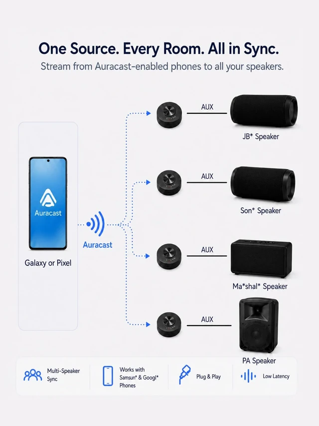 Alt view image 4 of 7 - AuraLink - Auracast & Bluetooth Receiver for Powered Speakers & Audio System, Multi-Receiver Support, 328ft Range, 20H Portable or Plug-in Use, Connects via 3.5mm AUX & RCA