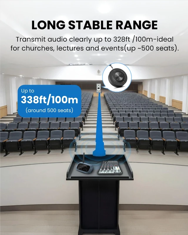 Alt view image 6 of 7 - AuraLink - Auracast & Bluetooth Receiver for Powered Speakers & Audio System, Multi-Receiver Support, 328ft Range, 20H Portable or Plug-in Use, Connects via 3.5mm AUX & RCA