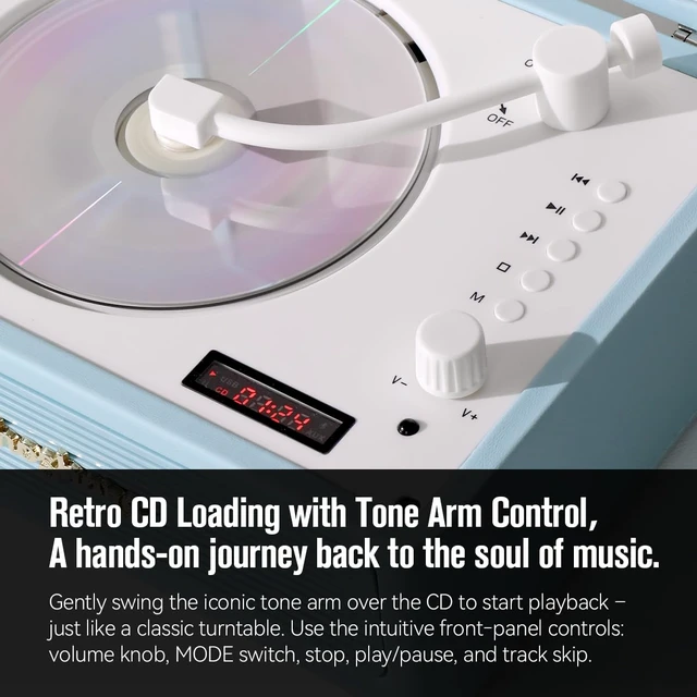 Alt view image 7 of 7 - Retro Tabletop CD Player with Bluetooth Transmitter & Receiver Vintage CD player streams wireless audio to Bluetooth headphones or external speakers via USB, AUX & remote