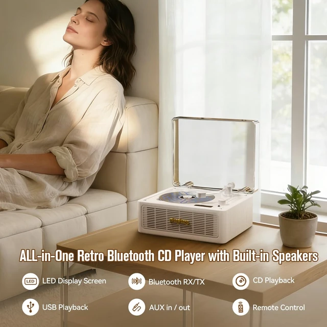 Alt view image 2 of 6 - Mini Portable Bluetooth CD Player Designed Like Record Player Mini retro CD player looks like a vinyl turntable; streams Bluetooth, USB & AUX audio, making a perfect home gift