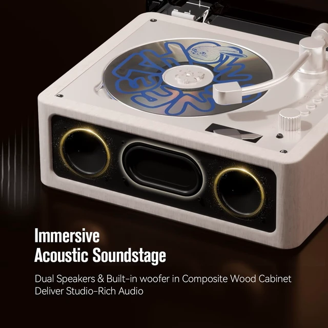 Alt view image 3 of 6 - Mini Portable Bluetooth CD Player Designed Like Record Player Mini retro CD player looks like a vinyl turntable; streams Bluetooth, USB & AUX audio, making a perfect home gift