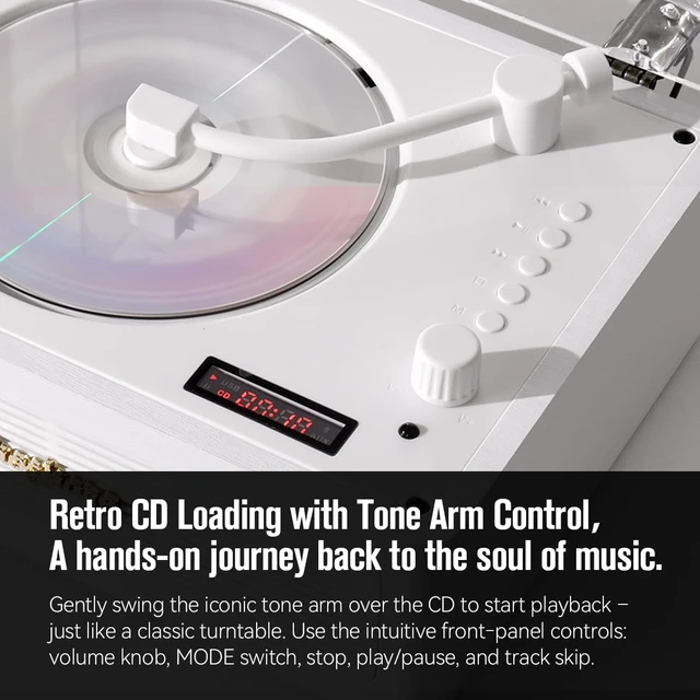 Alt view image 6 of 6 - Mini Portable Bluetooth CD Player Designed Like Record Player Mini retro CD player looks like a vinyl turntable; streams Bluetooth, USB & AUX audio, making a perfect home gift