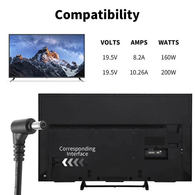 Alt view image 4 of 6 - 19.5V 10.26A AC DC Power Supply Cord, Compatible with Sony LCD TV, Multi-Voltage Universal Wall Power Cable for Home Indoor Use