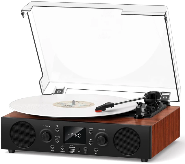 Main image of Classic Walnut Bluetooth Record Player, 3-Speed Turntable Classic walnut design with belt-drive performance, Bluetooth, FM radio, USB recording, stereo speakers and auto stop
