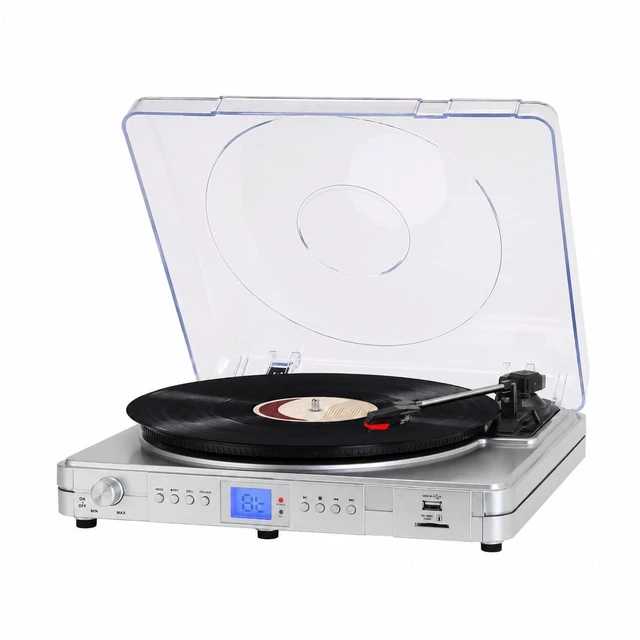 Main image of Elegant Silver Record Player for Home Listening, 3-Speed Belt-Drive Turntable with Bluetooth, USB/SD Playback, Built-in Stereo Speakers, LED Display and RCA Line Out