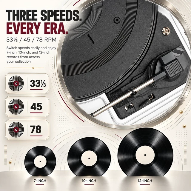 Alt view image 2 of 7 - Elegant Silver Record Player for Home Listening, 3-Speed Belt-Drive Turntable with Bluetooth, USB/SD Playback, Built-in Stereo Speakers, LED Display and RCA Line Out