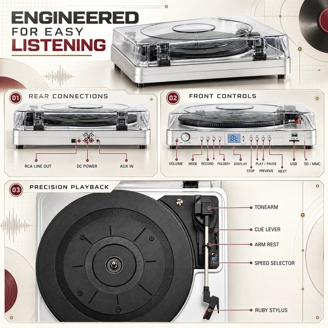 Alt view image 3 of 7 - Elegant Silver Record Player for Home Listening, 3-Speed Belt-Drive Turntable with Bluetooth, USB/SD Playback, Built-in Stereo Speakers, LED Display and RCA Line Out