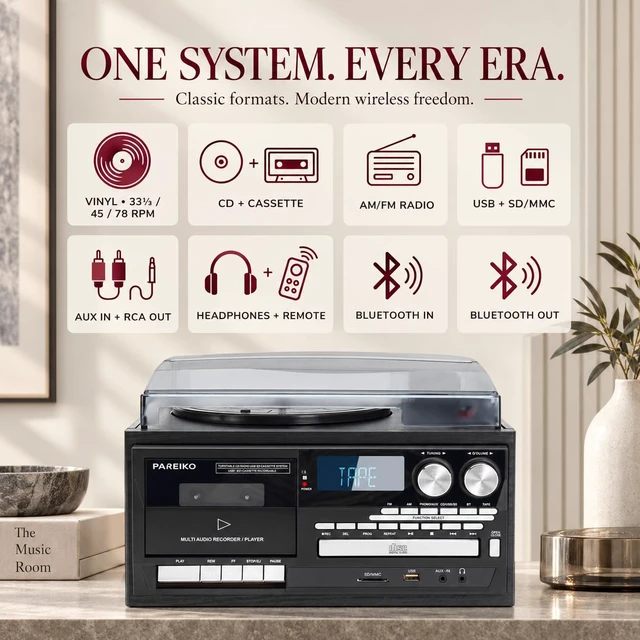 Alt view image 3 of 7 - Record Player 9 in 1 with EU Plug, Bluetooth 3-Speed Turntable for Vinyl Records, CD Cassette USB SD Player, AM FM Radio, Built-in Speakers, RCA Output, Headphone Jack and Remote Control