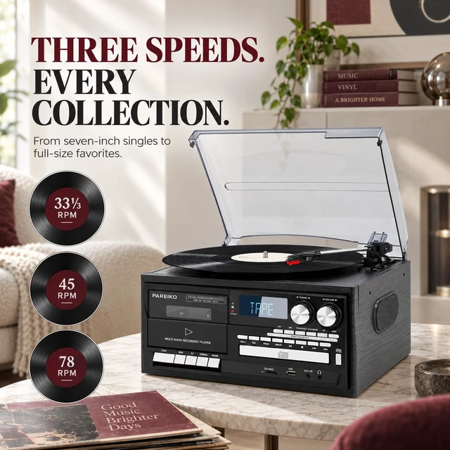 Alt view image 5 of 7 - Record Player 9 in 1 with EU Plug, Bluetooth 3-Speed Turntable for Vinyl Records, CD Cassette USB SD Player, AM FM Radio, Built-in Speakers, RCA Output, Headphone Jack and Remote Control