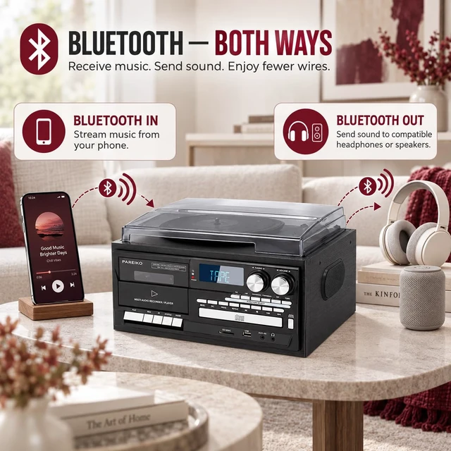 Alt view image 4 of 7 - Record Player 9 in 1 with EU Plug, Bluetooth 3-Speed Turntable for Vinyl Records, CD Cassette USB SD Player, AM FM Radio, Built-in Speakers, RCA Output, Headphone Jack and Remote Control