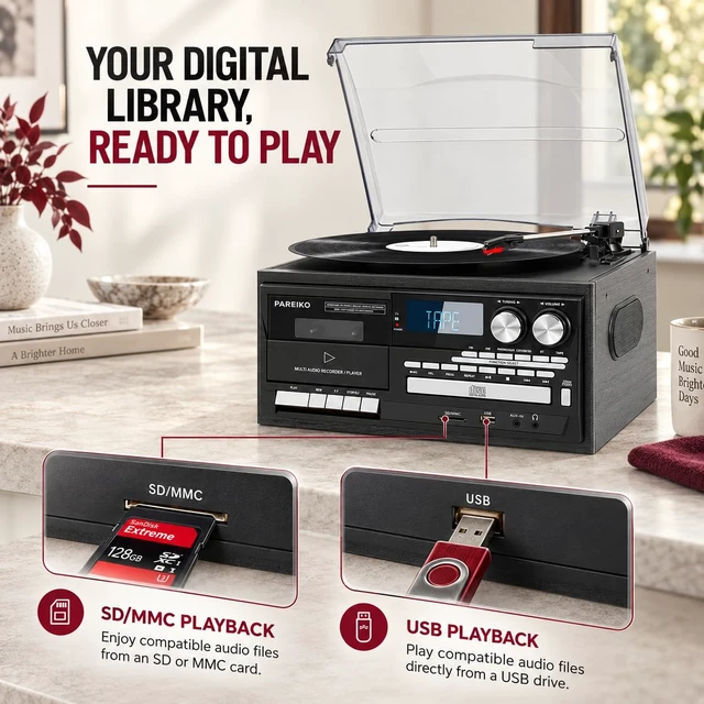 Alt view image 6 of 7 - Record Player 9 in 1 with EU Plug, Bluetooth 3-Speed Turntable for Vinyl Records, CD Cassette USB SD Player, AM FM Radio, Built-in Speakers, RCA Output, Headphone Jack and Remote Control
