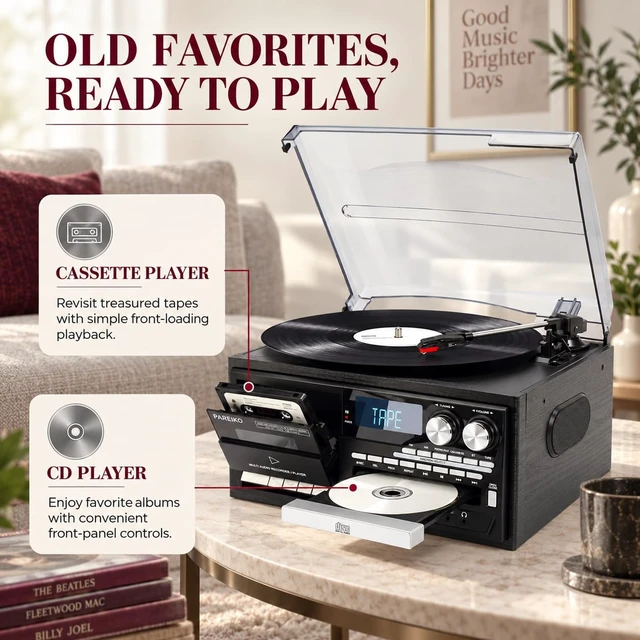 Alt view image 7 of 7 - Record Player 9 in 1 with EU Plug, Bluetooth 3-Speed Turntable for Vinyl Records, CD Cassette USB SD Player, AM FM Radio, Built-in Speakers, RCA Output, Headphone Jack and Remote Control
