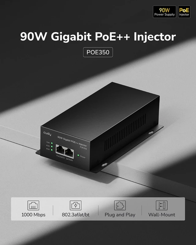 Alt view image 2 of 7 - 90W Gigabit PoE++ Injector, 802.3bt/at/af, 4-Pair, Metal, POE350 90W active injector, GbE In/Out, 100m, grounding point, 4kV surge, wall-mount kitprofessio, professional grade