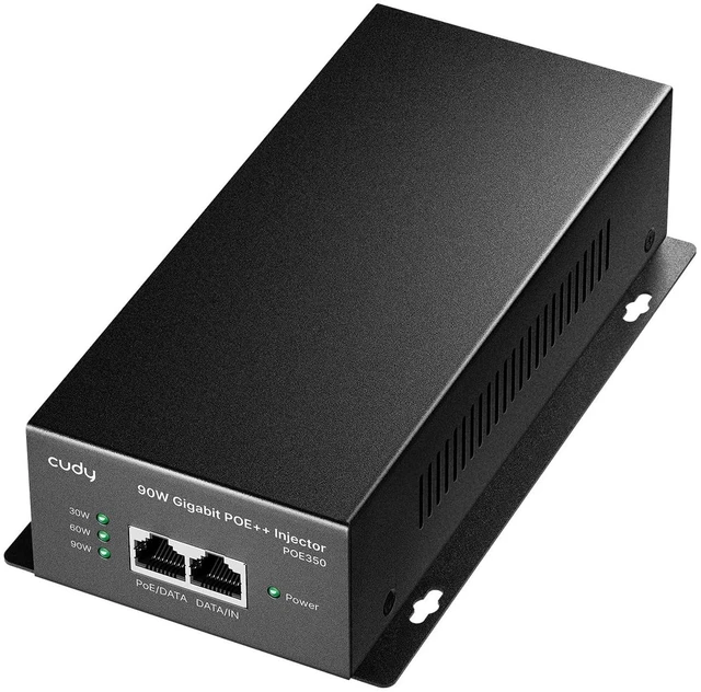 Main image of 90W Gigabit PoE++ Injector, 802.3bt/at/af, 4-Pair, Metal, POE350 90W active injector, GbE In/Out, 100m, grounding point, 4kV surge, wall-mount kitprofessio, professional grade