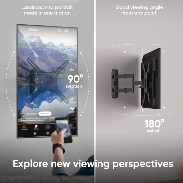Alt view image 2 of 7 - Rotating TV Wall Mount 32-65 Inch, 90.4 lbs, max VESA 400x400, Black Full motion TV mount with 19.5" extension, swivel, tilt, portrait mode, single stud; for home, office & digital signage