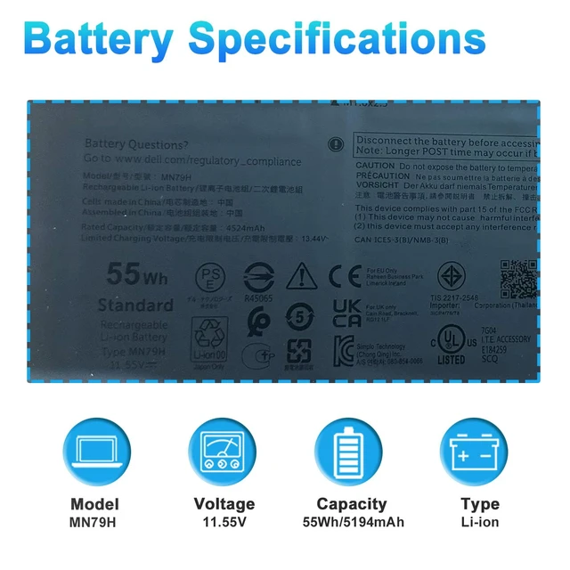 Alt view image 2 of 7 - MN79H Laptop Battery for Dell XPS 13 Plus 9320 P151G Series for Dell XPS 13 9340 9345 93204K XPS93207523BLKPUS XPS93207585SLVPUS Series 2FVJM J7H5M NXRKW 0NXRKW 11.55V 55Wh 4524mAh